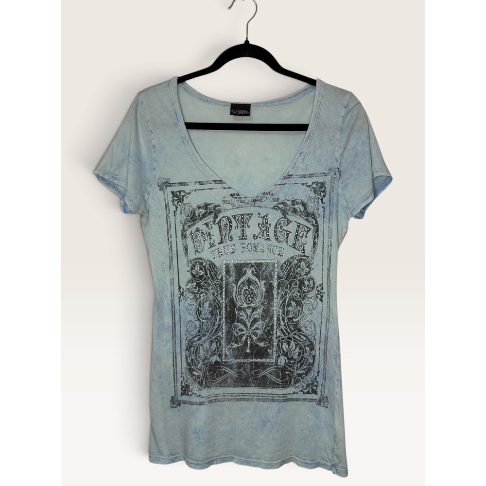 Daytrip Women's Large Vintage True Romance V-Neck T-Shirt Rhinestones Y2K